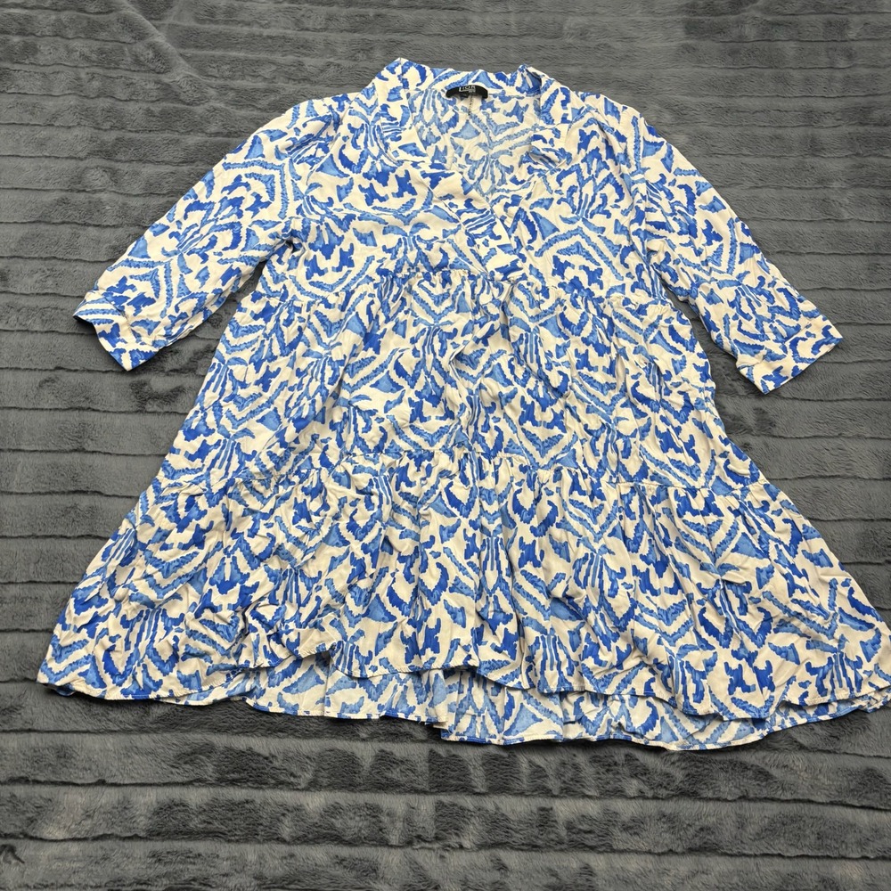 LIOR Paris Dolly Tunic Top Womens Medium Blue White Ikat Tiered Rayon 11609